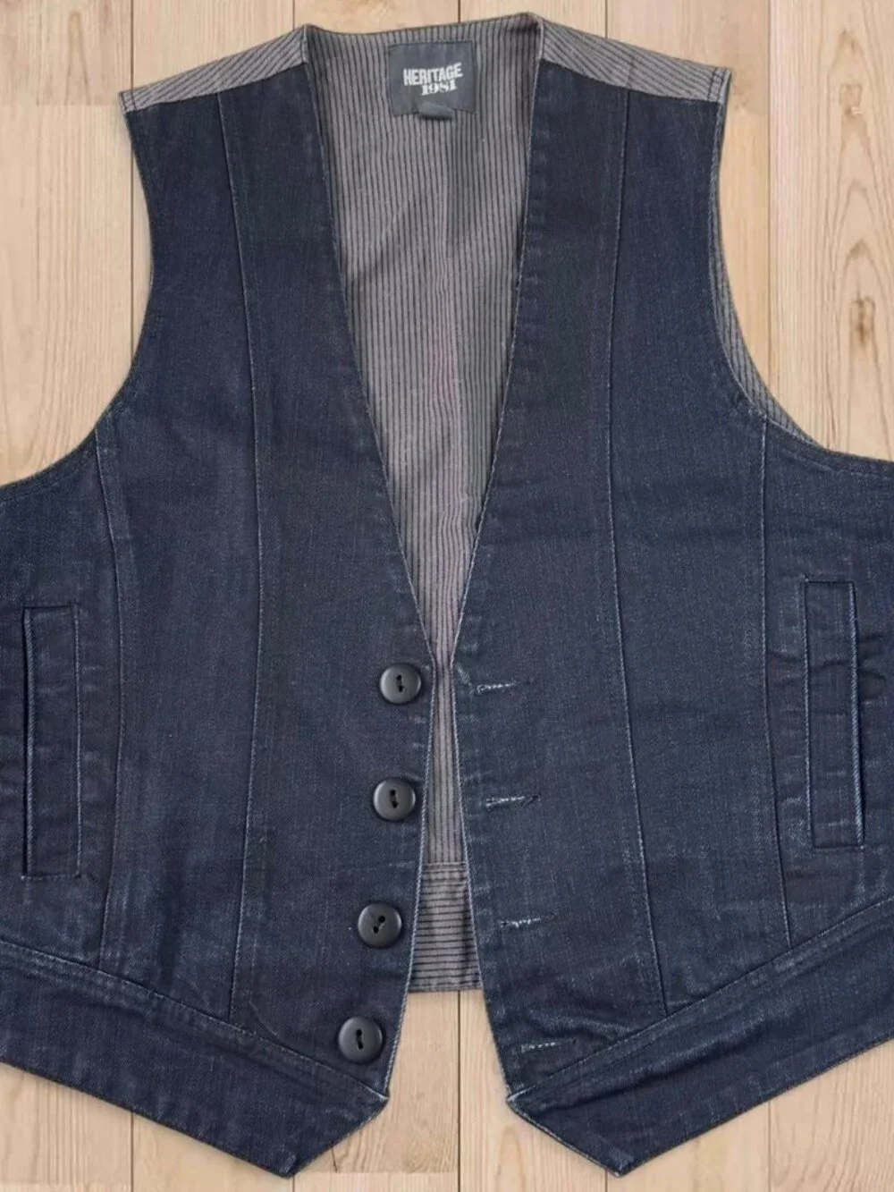 Heritage 1981 Mens Medium black denim vest with gray pinstripe lining // Unisex